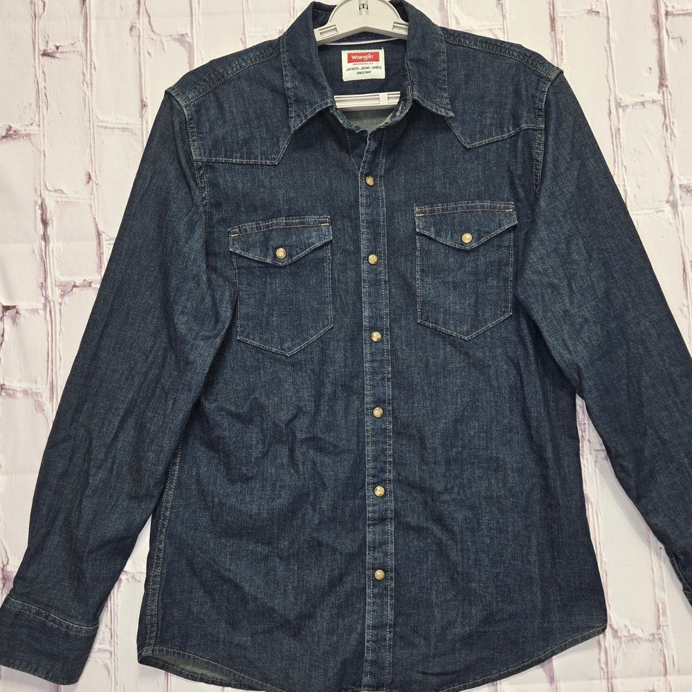 Wrangler Denim Button Shirt Dark Wash Western Pearl Snap Workwear Mens Size M